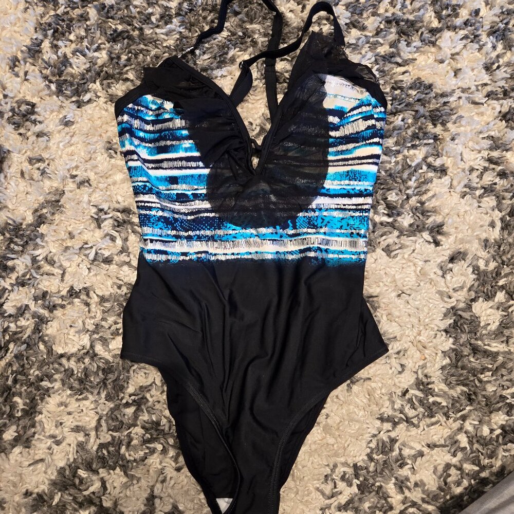 Simon Chang Women's One-Piece Swimsuit | Size 10 | Blue Stripe & Black Mesh